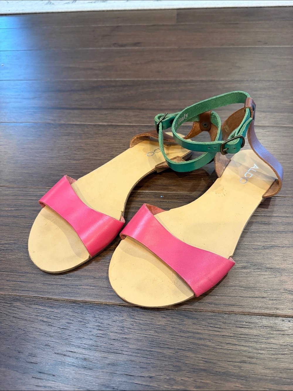 Aldo Brendle Pink & Green Ankle-Strap Flat Sandals Size 37 / 6.5 - C76-024